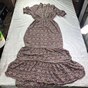 Max studio Womens Mock Neck Floral Print Maxi Dress Large Fushia Brown Green Gol